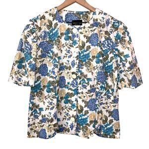 VINTAGE Floral Button Down Blouse Size 14 Cottagecore Coastal Grandma Blue Retro